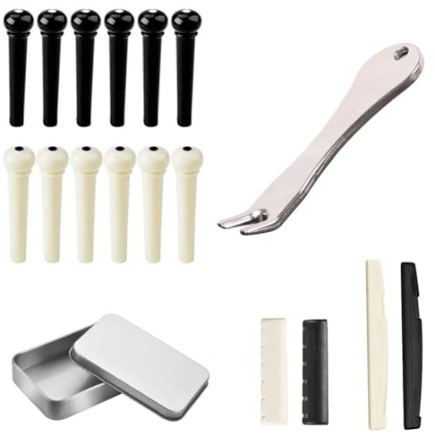 VYIBPDY Gitarren Zubehör,Akustische Gitarre Bridge Pins Puller Remover Extractor Werkzeug mit Gitarre Sattelmutter und 12 Packung Guitar Bridge Pins