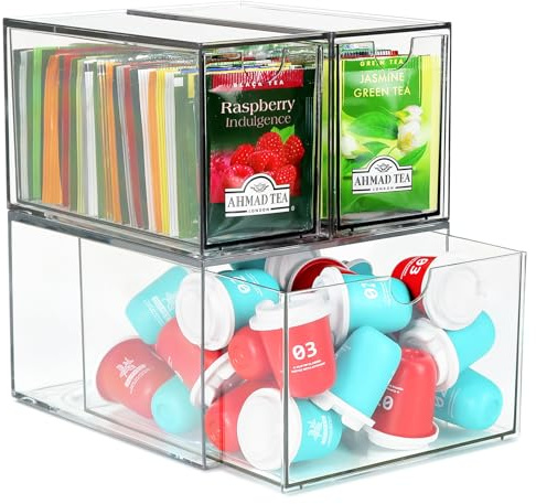 3 Tea and Coffee Organizer and Storage, Acrylic Tea Bag Holder Organizer, Plastic K Cup Drawer Container for Cabinet