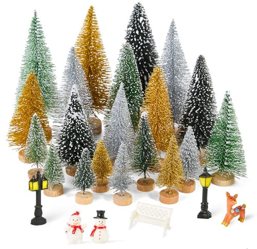 Fuyuleyo 26Pcs Mini Christmas Tree Bottle Brush Trees, Christmas Village Sets with Resin Mini Christmas Ornaments, Miniature Artificial Christmas Trees for DIY Crafts Christmas Table Decorations