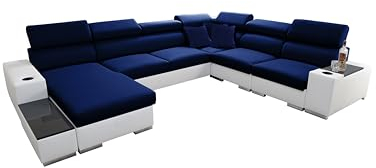 All4All Ecksofa mit Schlaffunktion Piano 358x282 cm – Schlafsofa mit Bettkasten – Wohnlandschaft XXL – Sofa U-Form – Gewebe mit Kunstleder - Groß - Big Sofa - Linke Seite - Blau/Weiß 26
