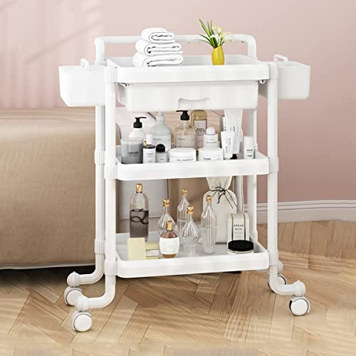 CLLBANT Servierwagen aus Kunststoff, multifunktionaler Wagen mit Griff, 3-stufiger Kosmetikwagen mit Aufbewahrungsbox, Richtungsrädern, für Küche, Schlafzimmer (Farbe: Weiß, Größe: 1 Dr
