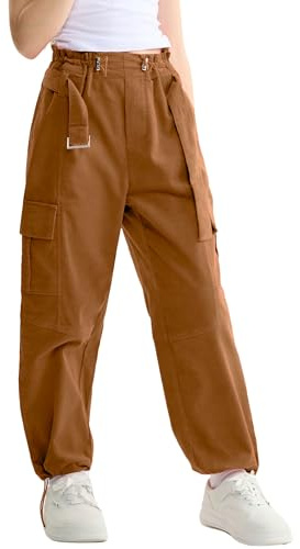 Rolanko Pantaloni Cargo per Ragazze con Cintura Regolabile Vita Alta Elasticizzata Pantaloni Jogger in Velluto a Coste Pantaloni da Danza Hip Hop per Bambini, Khaki, Taglia: 11-12 Anni/160