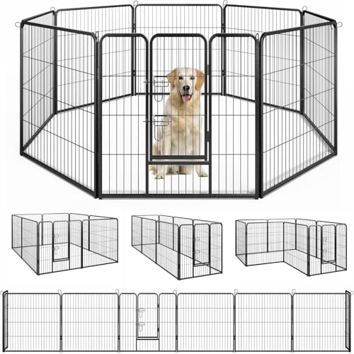 GYMAX Dog Playpen Outdoor Indoor, 8 Panel 60cm/80cm Height Metal Dog Fence for Puppies Small Dogs, Heavy Duty Pet Pen with Door, Portable Pet Fences for Dogs Outside Garden Yard (79 x 80cm)