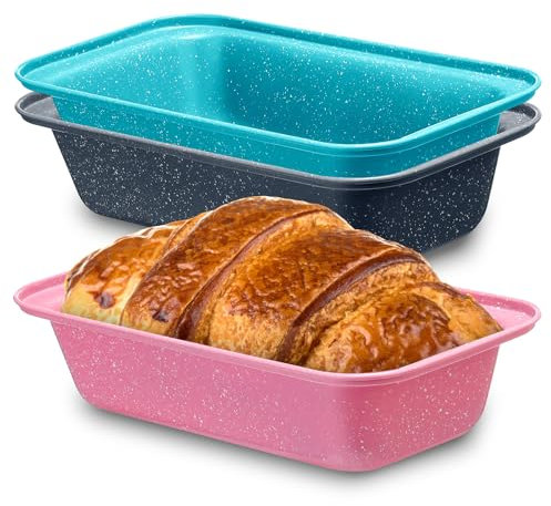 Baderke 3 Pcs Stainless Steel Loaf Pans for Baking Bread 9 x 5 Inch Mini Loaf Pans for Baking Rectangular Loaf Pan Thanksgiving Small Baking Bread Loaf Pan, Gray, Pink, Blue, Set of 3