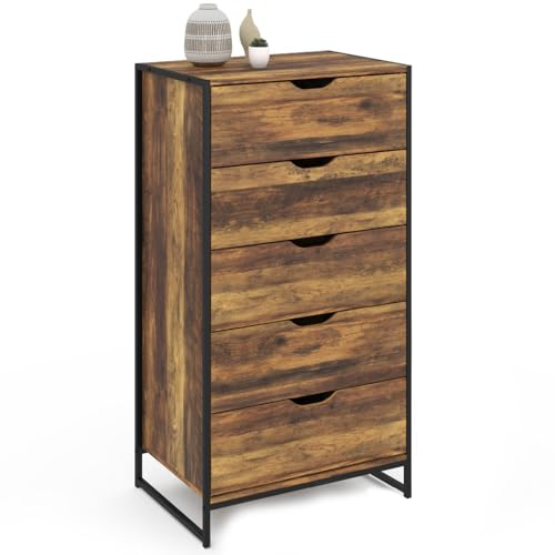 IDMarket - Kommode mit 5 Schubladen Hawkins 60 cm Wochenbettkommode aus dunklem Holz im Industriedesign