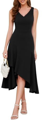 Aupuls Midi Wedding Guest Dresses for Women V Neck Cocktail Dress Black L