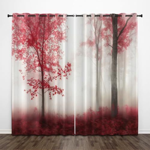 CEDNXOER Vorhang Blickdicht Vorhänge Rot 2er Set H 175 x B 140 cm Verdunklungsvorhänge mit Ösen, Abstrakter Wald Fenstergardinen,Verdunkelungsvorhang Ösenschal Rote Blätter Gardinen