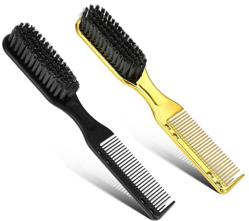 Yuanchu 2Pcs Barber Brushes with Barber Combs, Professional Anti Static Clipper Combs Barber Beard Brush for Men Flat Top Comb Hair Styling Brush Tool Barber Supplies Accessories(Gold+Black)