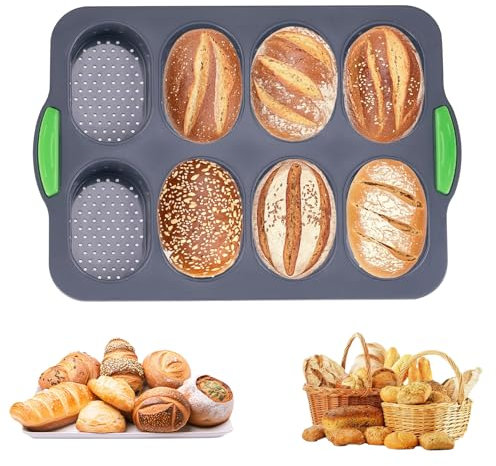 Stampo per Baguette, Mini Baguette Teglia in Silicone 8 Cavità, Antiaderente Teglia da Forno, Stampo per Pane per Cottura del Pane - 34,5 x 24,8 x 2,5 cm