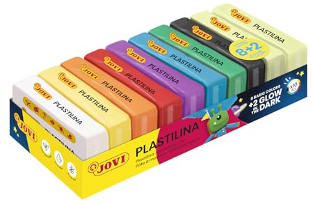 Jovi - Plastilina colorata che brilla al buio - Confezione da 10 pastiglie da 50 grammi, 8 colori base + 2 FOSFORESCENTI, non tossico, plastilina Jovi Vegetal Bambini dai 3 anni (70/10G)