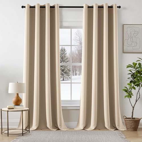 EMEMA Tende oscuranti beige con occhielli, lunghezza 260 cm, morbide tende oscuranti di stanze, set da 2 tende oscuranti per soggiorno, camera da letto, tende oscuranti con occhielli, ogni altezza 260
