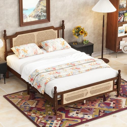 Ball & Cast Queen Traditional Pine Wooden Platform Bed with Rattan Headboard and Footboard,Bed Frame w/Central Enhanced & Underbed Storage Space,Slat Support,for Apartment,Bedroom,Walnut