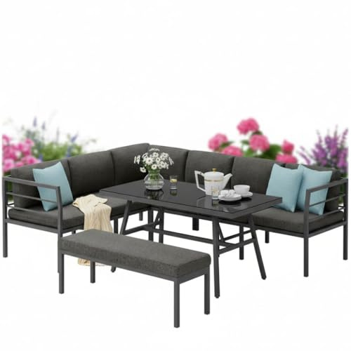 Melko Ecklounge Essgruppe Garten Aluminium mit Tisch und Sitzbank Anthrazit | extra dicke wasserabweisende Kissen, Bezüge abnehmbar und waschbar, Tischplatte aus ESG-Glas, Elemente variabel stellbar