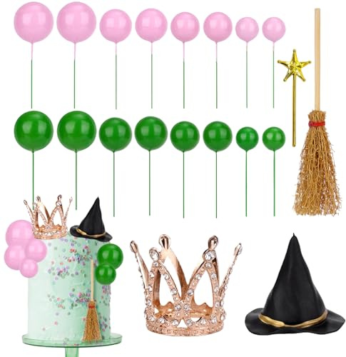 44Pcs Witch Theme Cake Toppers and Decorative Spheres Set, Magical Party Dessert Decorations, Wizard Hat Broom Crown Star Wand Table Accents for Halloween Events, Themed Celebrations DIY Craft