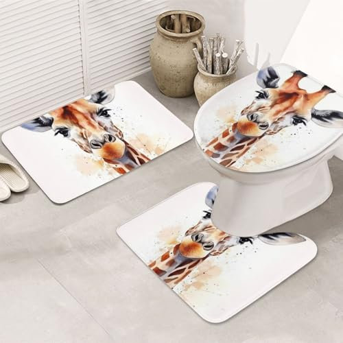 Set 3 Teilig Badvorleger Stilvolle Tier Aquarell Giraffe U-Förmigen Contour Matte Dekorative Anti-Rutsch Badgarnitur Badematten, Für Badezimmer, Wc-Sitz Bezug, Spa