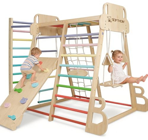 SOFTHOM Maxi Aire de Jeux intérieure pour Enfants, 10 en 1 Montessori Ensemble d'escalade, Multifonctionnel Aire de Jeux d'escalade en Bois, Skateboard, Balançoire, Planche d'escalade, Sûr et Stable