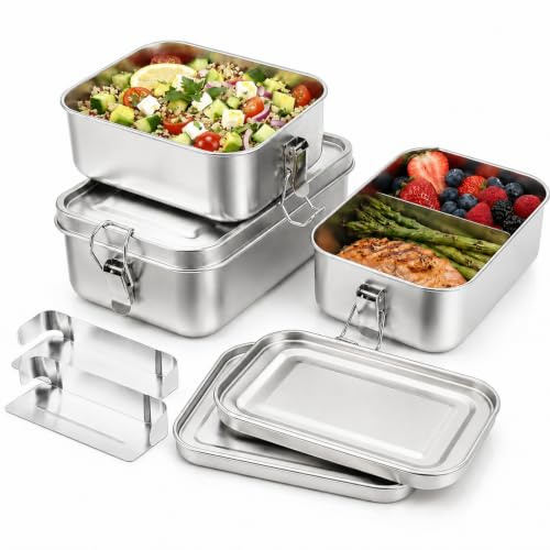 GFTIME 304 Edelstahl Bento Box mit Fächern 3er Set, Brotdose, Lunchbox 1400 ml + 850 ml + 850 ml, Auslaufsicher für Kinder und Erwachsene, für Salat, Suppe, Snacks und Meal Prep