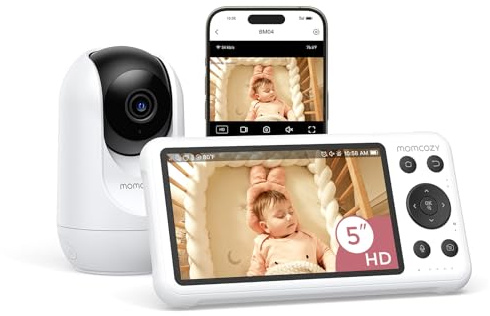 momcozy Vigilabebés WiFi de 5 con Cámara HD, Audio Bidireccional, Zoom 4X, Detección de Movimiento y Llanto, Zona Segura, Visión Nocturna Clara, Grabación de Foto y Vídeo