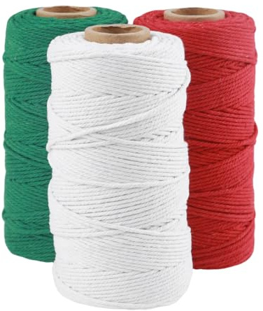 3 rotoli di corda macramè da 3 mm x 100 m, spago naturale da giardino, in cotone macramè, per progetti, appendere alla parete, ganci per piante (verde, rosso, bianco)