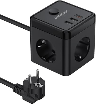 ANRMESUN Cube Regleta Enchufe con USB, Equipado con 3 Tomas de AC, 2 USB y 1 Tipo C(PD 20W), con Interruptor, para Familia, Cocina y Oficina, Cable 2M Negro