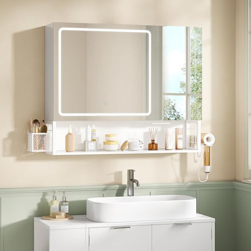 FORABAMB Spiegelschrank mit Beleuchtung & Steckdose, LED Badspiegel mit Touch-Sensor, Verstellbarem Regal, Haartrockner-Halter, Badezimmerschrank mit HD Spiegel, Badschrank, 16 x 70 x 80 cm, Weiß