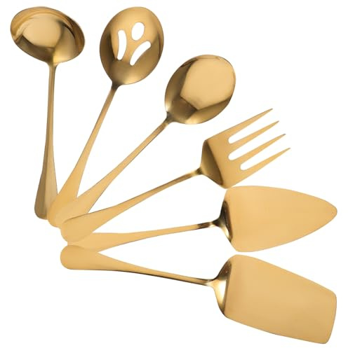 TOKIDNY Cubiertos Dorados de Acero Inoxidable para Servir Cuchara Sopera y Tenedor, Juego Completo para Uso Alimentario en Banquetes y Cocina