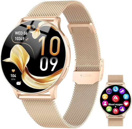 Smartwatch Damen mit Telefonfunktion, 1.32 AMOLED Smart Watch, Herzfrequenz SpO2 Schlafmonitor Schrittzähler Uhr Damen, 120+ Sportmodi Fitness Tracker, IP68 Wasserdicht Fitnessuhr iOS Android Gold