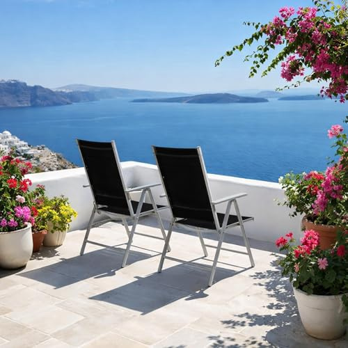 Mojawo 2 Stück Gartenstuhl - Hochlehner 7-Fach verstellbar - zusammenklappbar - Klappstuhl - witterungsbeständiges Aluminium - wetterfeste Gartenmöbel - Silber/Schwarz