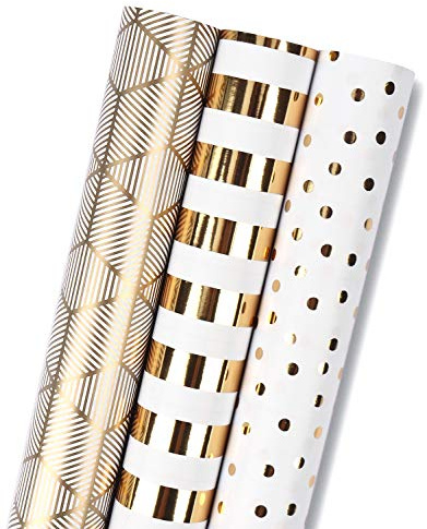 RUSPEPA Rouleau De Papier D'Emballage Cadeau - Mini rouleau - Ensemble De 3 Différents Or Et Blanc (42,5 pieds carrés) - 43,2 cm X 3,05 m Par Rouleau