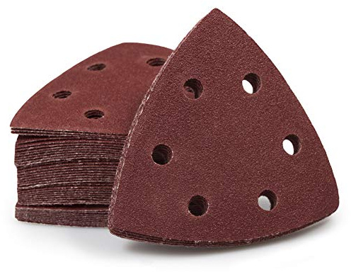 SPEEDWOX Juego de 50 almohadillas de lija triangulares grano 120 90 mm 6 orificios para 6 agujeros oscilantes de 3 – 1/2 pulgadas multiherramienta lijadora de papel de lija triangular discos de lija