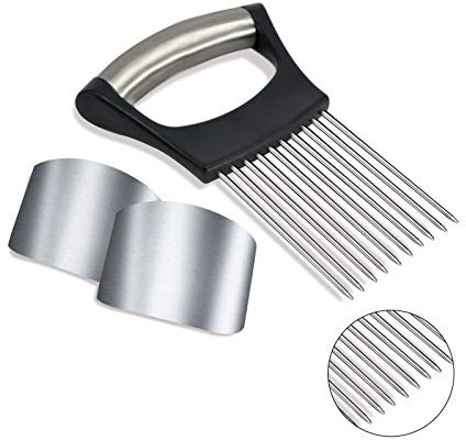 1PCS Onion Holder Slicer, 2PCS Finger Guard, Holder Slicer Vegetable For Onion, Tomato, Lemon, Meat, Onion Cutting Tool Stainless Steel Cutting Kitchen Gadgets