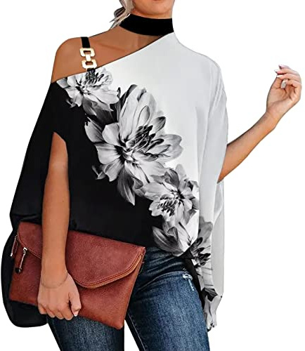 L9WEI Tops de verano para mujer, cuello halter tops mujer verano fuera de los hombros camiseta elegante estampado tops casual manga murciélago camiseta suelta manga corta top moda