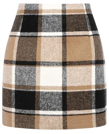 IDEALSANXUN Mini Jupe Moulante à Carreaux Taille Haute en Laine pour Femme, Marron, Taille M