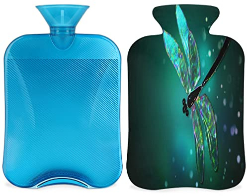 Bouillotte en verre en forme de libellule avec housse duveteuse, sac d'eau de grande capacité de 2 L, bouteille d'eau en forme de libellule verte pour des nuits douillettes, soulager la douleur, le