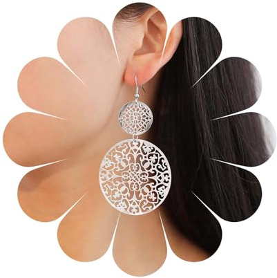 Aneneiceera Boho Filigrane Hohle Scheibe Baumeln Tropfen Ohrringe Boho Silber Ethnischen Geschnitzten Blume Scheibe Erklärung Ohrringe Hochzeit Brautjungfer Schmuck Für Frauen Und Mädchen(Silber)