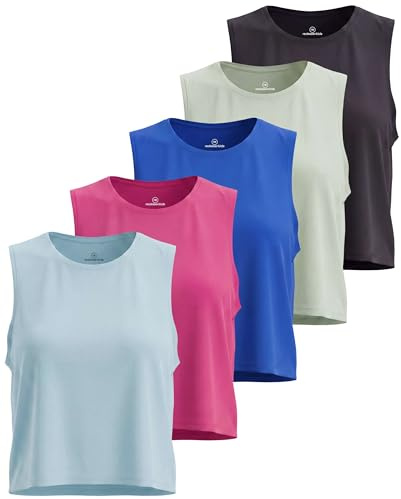 Real Essentials 5 Pack: Women's Dry Fit Crop Summer Tank Top - Gym Yoga Workout Sports Tee (Available in Plus Size) Set 10, L
