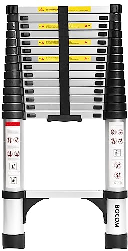 BOCOM 14.5 FT Aluminum Telescoping Ladder, Lightweight Multi-Purpose Collapsible Extension with 2 Triangle Stabilizers, Heavy Duty 330 lbs Max Capacity, Ideal for Home, RV, and Outdoor Work Silver