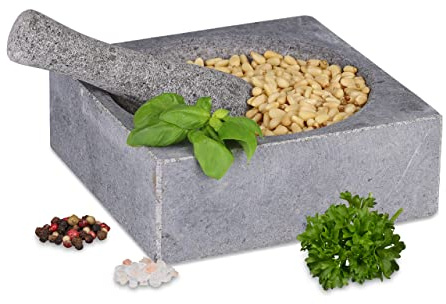 Relaxdays Mortel med mortel, granit, HBT: 6,5 x 18,5 x 18,5 cm, polerad, hållbar, stenmortel, kryddor och örter, grå