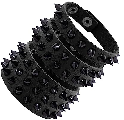 Manfnee 3Pcs Punk Studded Rivets Bracelets Wide Strap Leather Bracelet Cuff Wristband for Men Women