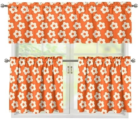 Jeiento Küchengardinen-Set mit Volant und Etagen, Orange, Cartoon-Blumenmuster, Fensterdekorationen, 3 Stück