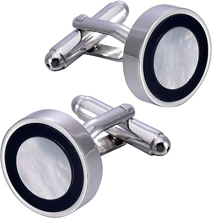 Jonwo Natural Mother of Pearl Men's Cufflinks with Dark Blue Circle Silver | With Gift Case, Round Cufflinks for Men/Women Jewelry for Wedding Party Daily Office Formal Casual Wear Business Tuxedo Dress