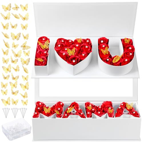Cholemy 2 Sets I Love You Mama Gift Flower Box with Lids for Arrangements Floral 50 Crystal Bouquet Pins 24 Gold Butterfly Mother's Day Birthday Decoration for DIY Craft Flower Arrangement(White)