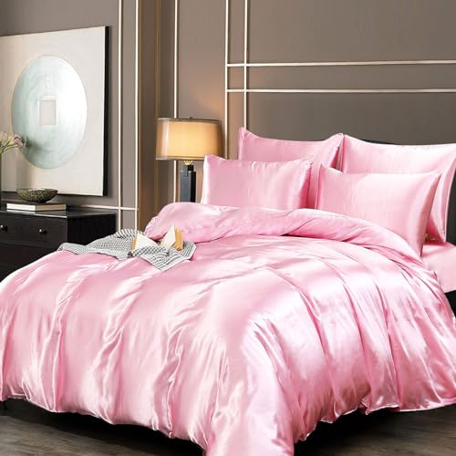 Guchuang Bedding Silk Satin Double Size Complete Bedding Set 6 Pieces Pink Duvet Cover Luxury Style Ultra Soft Microfiber Quilt Cover 200x200cm with 1 Fitted Sheet, 4 Pillowcases