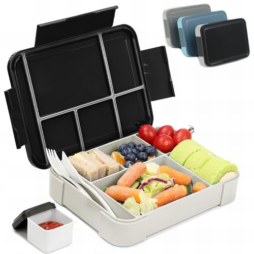 Bugucat Bento Lunch Box 1330ML,kids Lunch Box Bento Boxes with 6 Compartments Cutlery,Leak Proof Lunchbox Snack Boxes for Kids Adult,Kids Lunch Box with Compartments for School Kindergarten Black