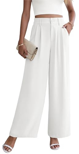 Yommay Damen Hose Elegante Lässig Baggy Sommerhose Leicht Bequem Business Hosen Anzughose mit Taschen,Weiß,XL