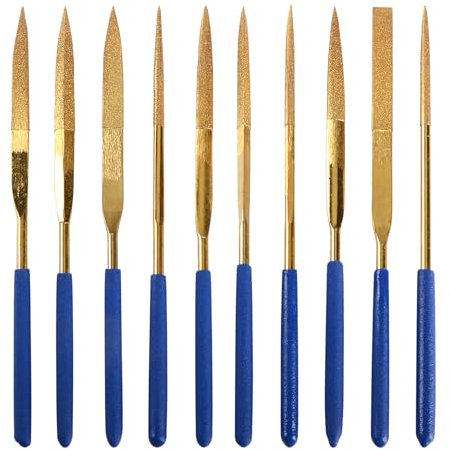 YXQ Juego de 10 limas de aguja de diamante pequeño de titanio de 4 x 160 mm, mini limas redondas cuadradas de forma plana, herramientas manuales de precisión para joyeros, manualidades, pasatiempos