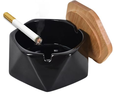 Cenicero de Cerámica de Estilo Nórdico con Tapa, Resistente al Viento, para Exteriores, Hogar, Oficina, bar, Cafetería, Decoración （Nigra）