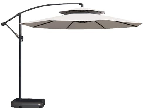 HESHEQ Marktschirm Garten Balkon Ampelschirm Strandschirm mit rundem Vordach Einfache Kurbel und Basis for Terrasse, Garten, Deck, Champagner mit UV Schutz 50+ Schutzhülle(Color:White,Size:270cm)