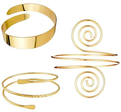Arm Manschette 3 Pcs Oberarm Band Gold Manschette Armreif Armband FüR Frauen Einstellbar Glatt Offenes Gold Blatt Feder Armreif ArmbäNder Arm Schmuck Geschenke Set FüR Frauen (Set D)
