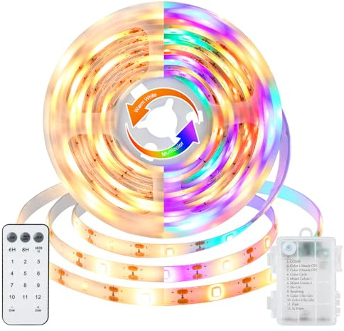 CCILAND 3 Meter Strip Batterie 2 Farben Wechselnde Fernbedienung Timer | 12 Modi Dimmbar Schneidbar 108 LED Band Selbstklebend für Zuhause Deko (Warmweiß & Mehrfarbige)